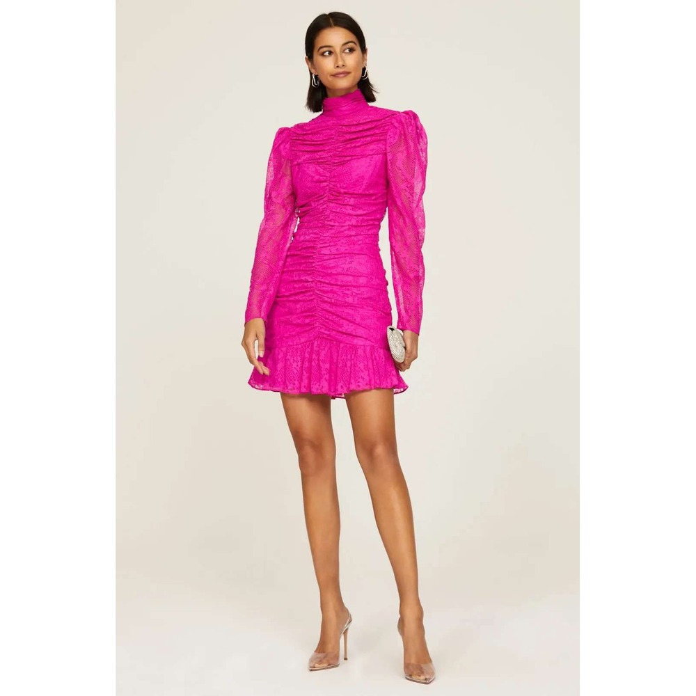 Saylor Dress Womens L Fuchsia Pink Ruched Lace Mock Neck Mini Cocktail Party